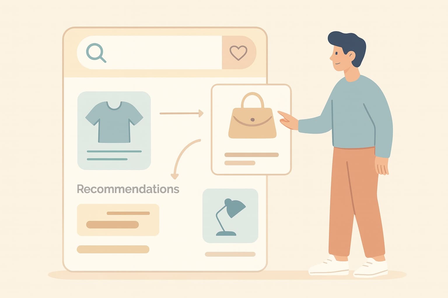 Illustration of a shopper using AI search and recommendations